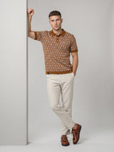 Wavy Brown Knitted Cotton Polo T-Shirt
