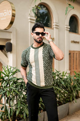 Pixin Green With Cream Knitted Cotton T-Shirt
