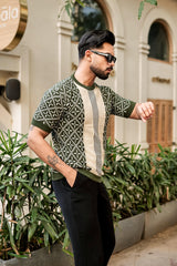 Pixin Green With Cream Knitted Cotton T-Shirt
