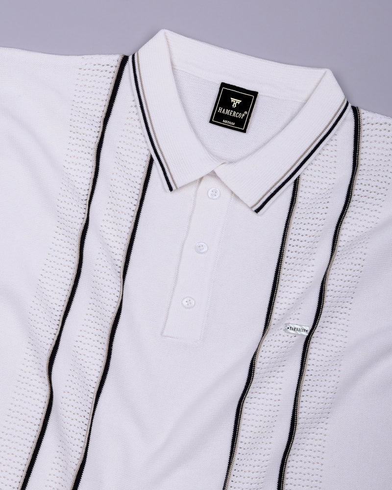 Blozen White Knitted Cotton Polo T-Shirt