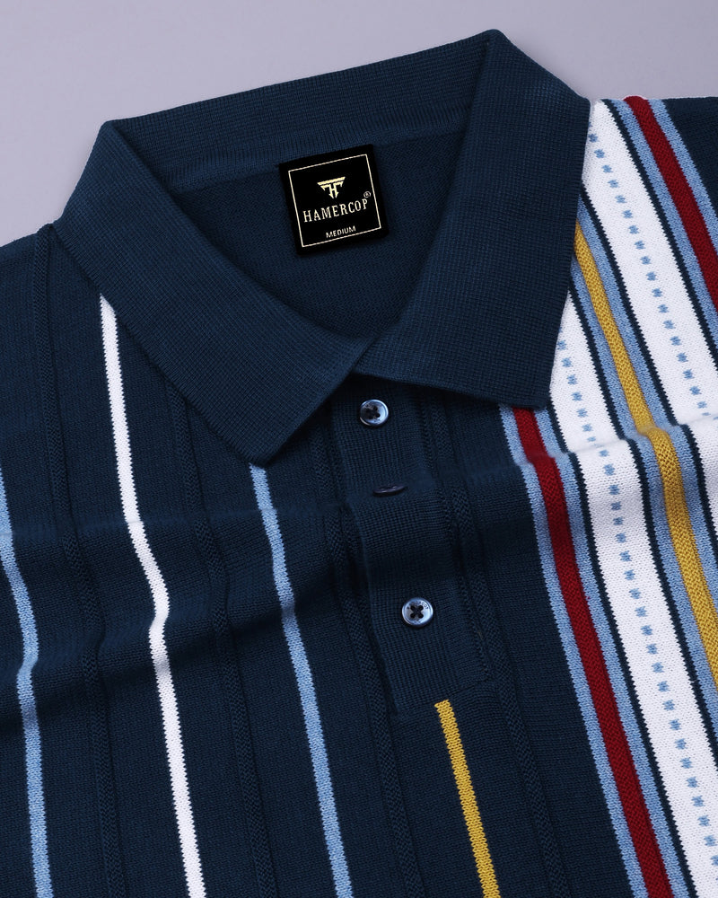 Slice Blue Multicolor Knitted Cotton Polo T-Shirt
