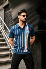 Slice Blue Multicolor Knitted Cotton Polo T-Shirt