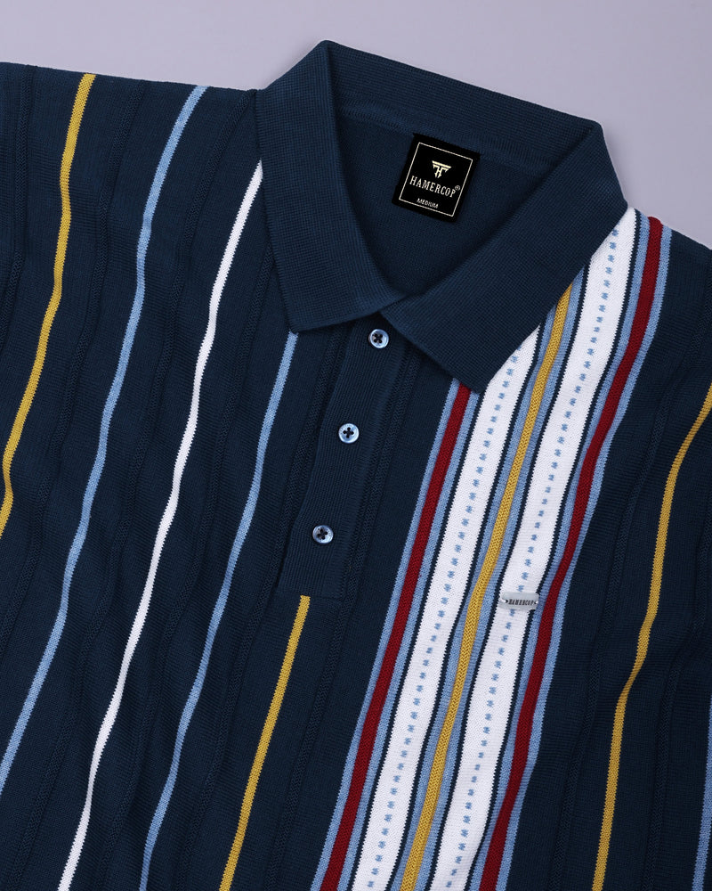 Slice Blue Multicolor Knitted Cotton Polo T-Shirt