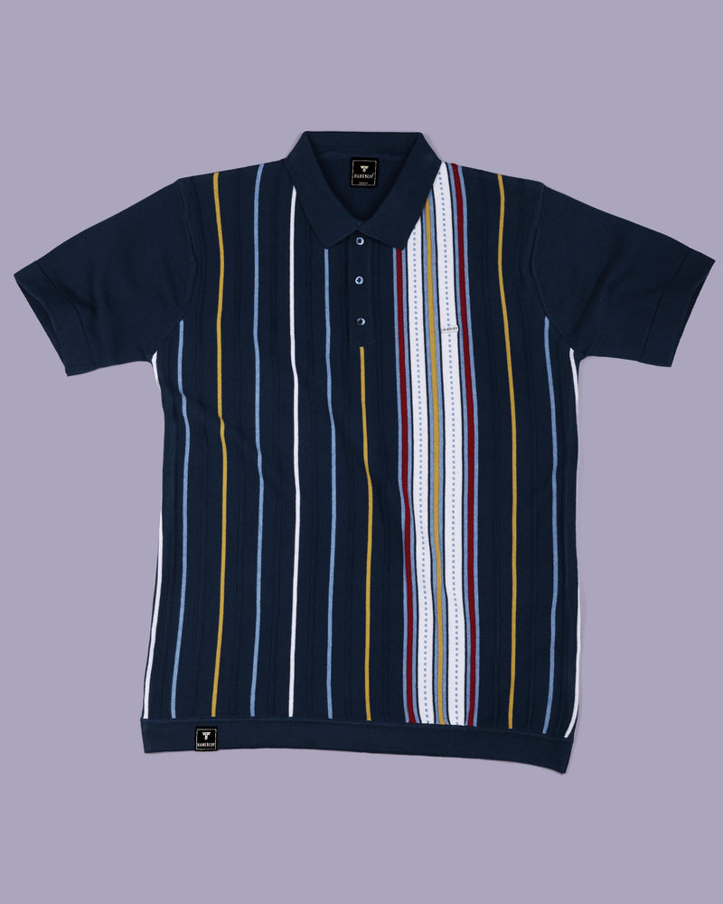 Slice Blue Multicolor Knitted Cotton Polo T-Shirt