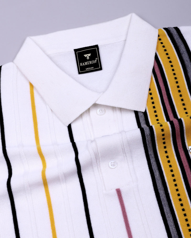 Slice White Multicolor Knitted Cotton Polo T-Shirt