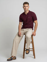 Flamora Wine Red Knitted Cotton Polo T-Shirt