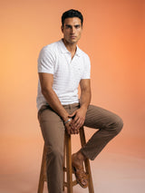 Flamora White Knitted Cotton Polo T-Shirt