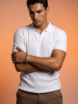 Flamora White Knitted Cotton Polo T-Shirt