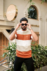 Tundra Brown Multicolor Stripe Knitted Cotton T-Shirt