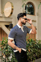 Walrus Blue Knitted Cotton Polo T-Shirt