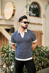 Walrus Blue Knitted Cotton Polo T-Shirt