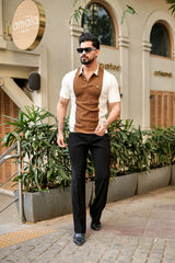Sloth Brown With White Knitted Cotton Polo Designer T-Shirt