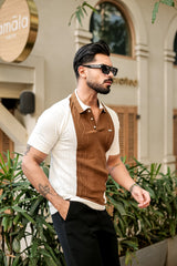 Sloth Brown With White Knitted Cotton Polo Designer T-Shirt