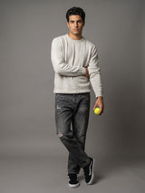 Hamilton White Melange Knitted Cotton Full Sleeves T-Shirt