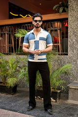 Zynox Blue With White Knitted Cotton Zipper Polo Designer T-Shirt