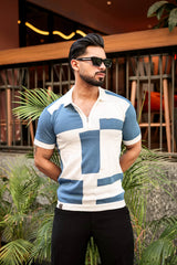 Zynox Blue With White Knitted Cotton Zipper Polo Designer T-Shirt