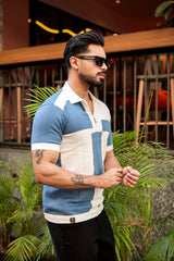 Zynox Blue With White Knitted Cotton Zipper Polo Designer T-Shirt
