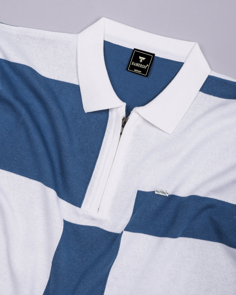 Blue Knitted Cotton Zipper Polo T-Shirt – Hamercop