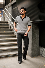 Oreo Black With White Check Knitted Cotton Polo T-Shirt