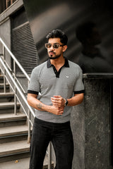 Oreo Black With White Check Knitted Cotton Polo T-Shirt