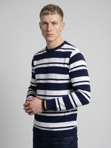 Froven NavyBlue With White Stripe Knitted Cotton Full Sleeves T-Shirt