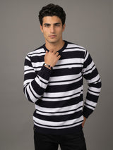 Froven Black With White Stripe Knitted Cotton Full Sleeves T-Shirt