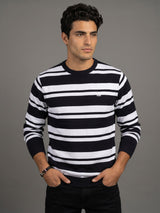 Froven Black With White Stripe Knitted Cotton Full Sleeves T-Shirt