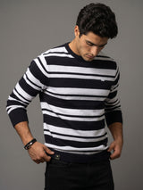 Froven Black With White Stripe Knitted Cotton Full Sleeves T-Shirt