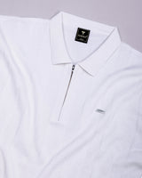 Brelon White Stripe Knitted Cotton Full Sleeves Zipper Polo T-Shirt