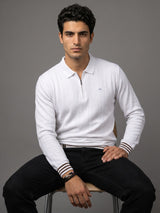 Brelon White Stripe Knitted Cotton Full Sleeves Zipper Polo T-Shirt