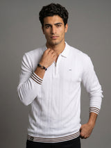 Brelon White Stripe Knitted Cotton Full Sleeves Zipper Polo T-Shirt