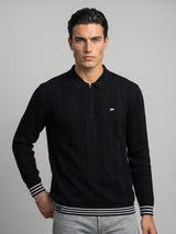 Brelon Black Stripe Knitted Cotton Full Sleeves Zipper Polo T-Shirt