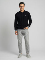 Brelon Black Stripe Knitted Cotton Full Sleeves Zipper Polo T-Shirt