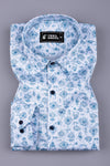 White with blue vintage design printed cotton shirt