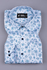 White with blue vintage design printed cotton shirt