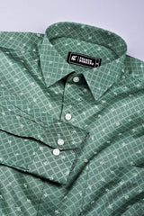 Oxfam green with dark blue printed cotton shirt
