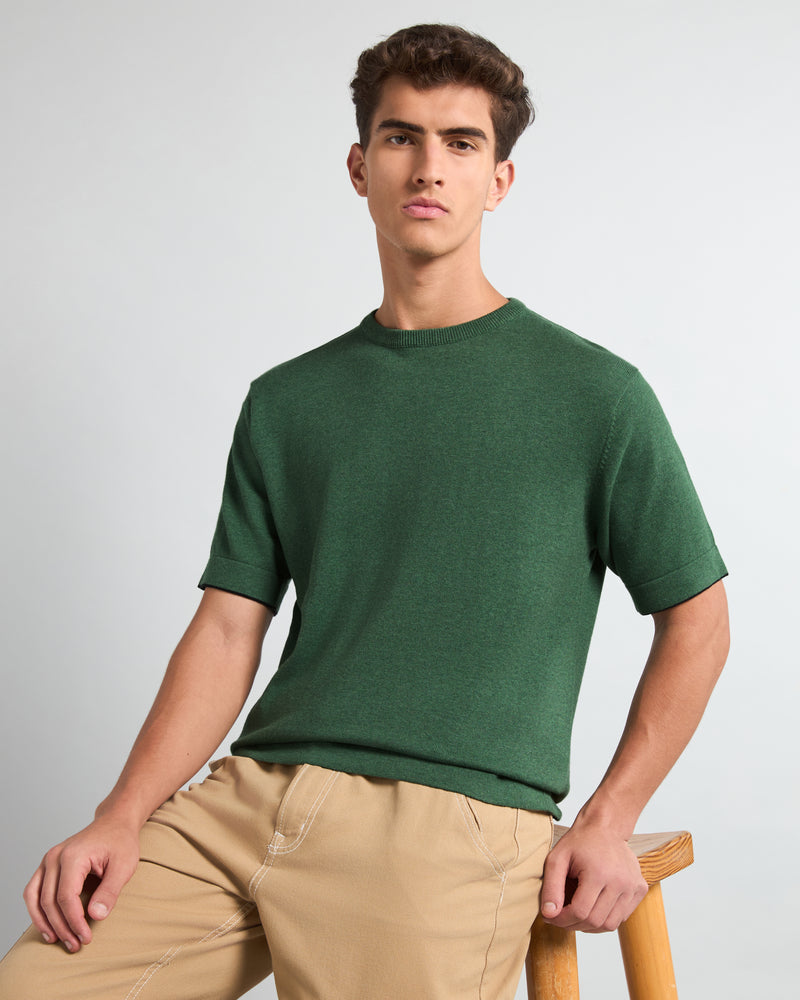Thunder Hunter Green Melange Knitted Cotton T-Shirt