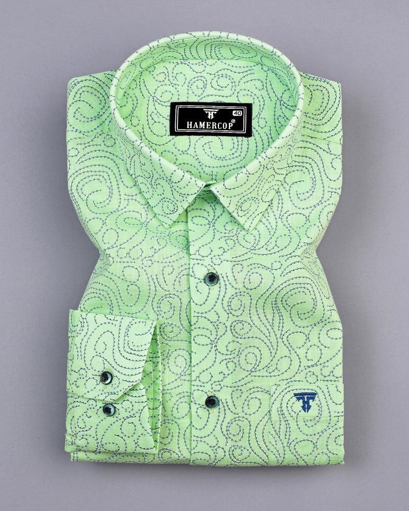 Green Swirl With Blue Printed Amsler Linen Cotton Shirt