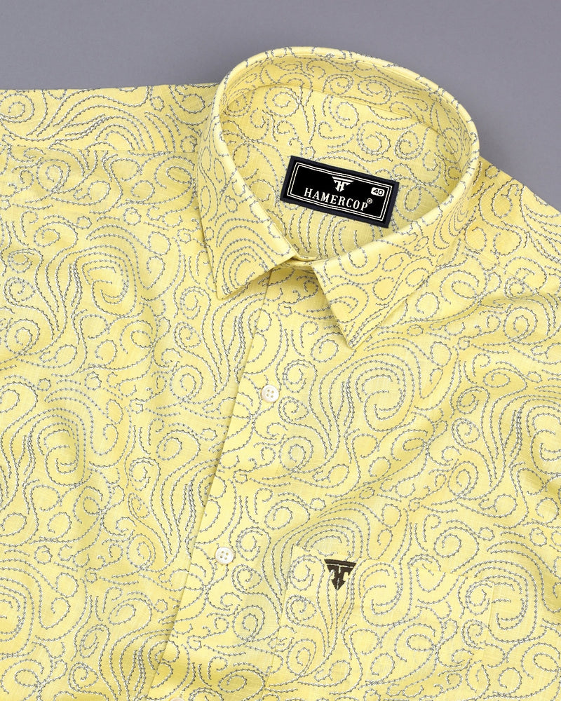 Yellow Swirl With Blue Printed Amsler Linen Cotton Shirt