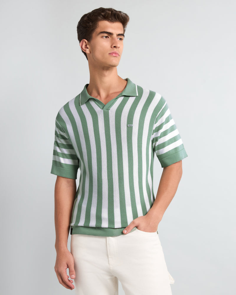Prime Mint Green With White Knitted Cotton Polo T-Shirt