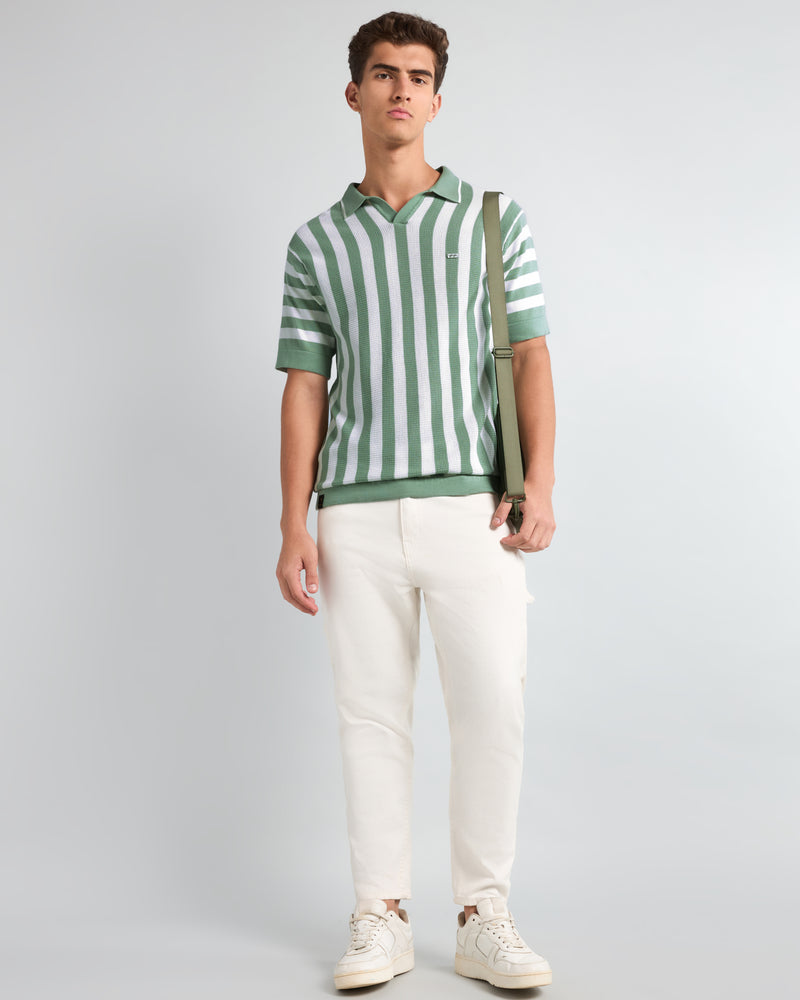 Prime Mint Green With White Knitted Cotton Polo T-Shirt