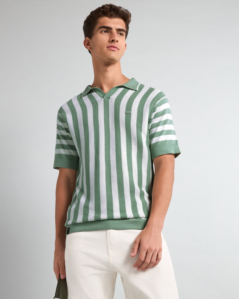 Prime Mint Green With White Knitted Cotton Polo T-Shirt