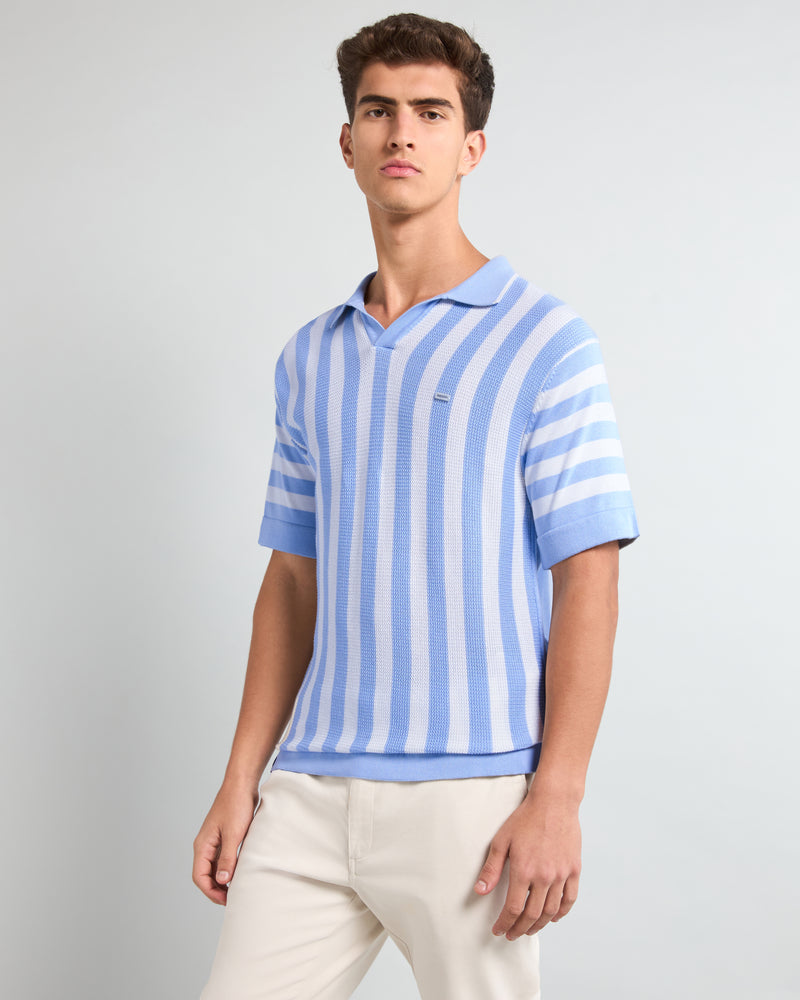 Prime Blue With White Knitted Cotton Polo T-Shirt
