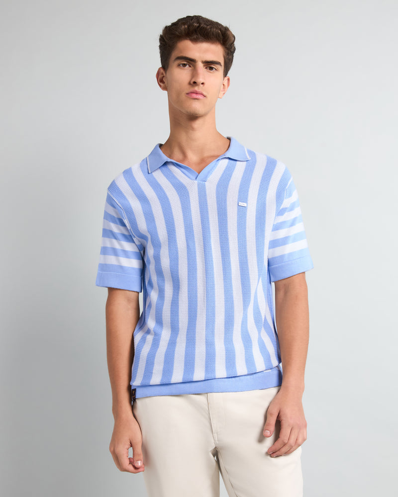 Prime Blue With White Knitted Cotton Polo T-Shirt