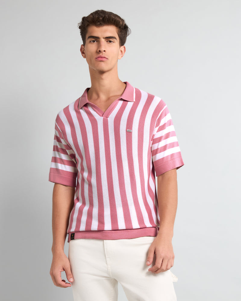 Prime Salmon Peach With White Knitted Cotton Polo T-Shirt