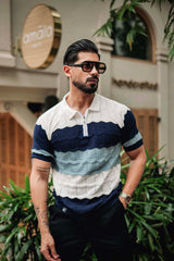 Daisy white With Blue Knitted Cotton Zipper Polo T-Shirt