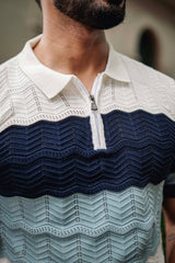 Daisy white With Blue Knitted Cotton Zipper Polo T-Shirt