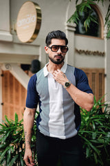 Rexon Blue With White Knitted Cotton Zipper Polo T-Shirt