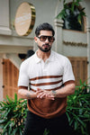 Cookie Brown With White Knitted Cotton Polo T-Shirt