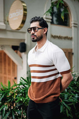 Cookie Brown With White Knitted Cotton Polo T-Shirt